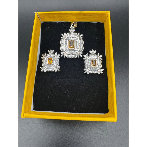 نیم ست زنانه سنگ سیترین اصل با قاب نقره بزرگ